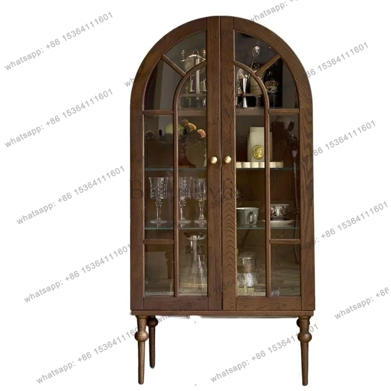French retro figure cabinet solid wood arched display cabinet glass living room TV side cabinet