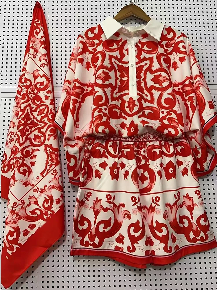 2026 Summer New Fashion Two-piece Lapel Bat Sleeve Loose Straight Shirt+High Waist Wide Leg Shorts Elegant Female Print Set