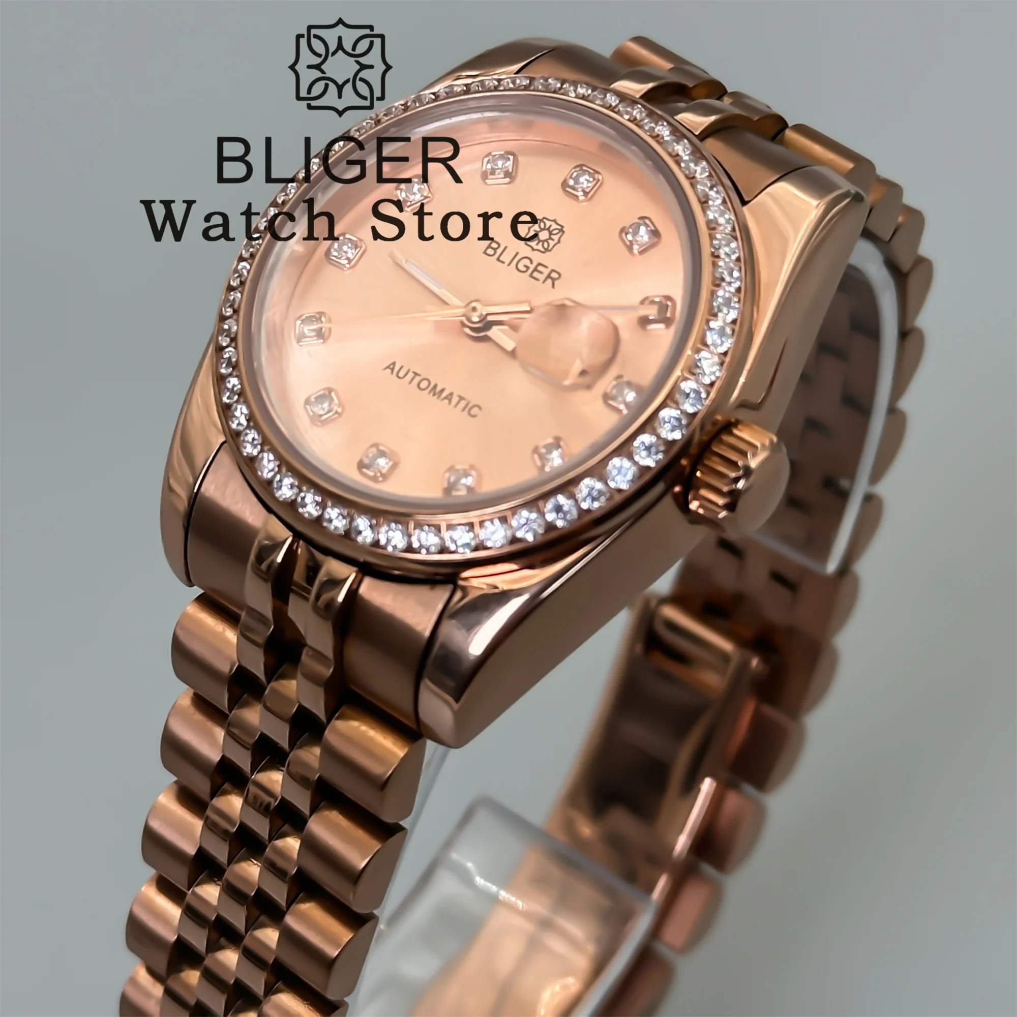 BLIGER 31 мм с бриллиантовым безелем и циферблатом Sunburst Diamond Mark NH05 Автоматические женские часы с сапфировым стеклом Роскошные наручные часы из розового золота