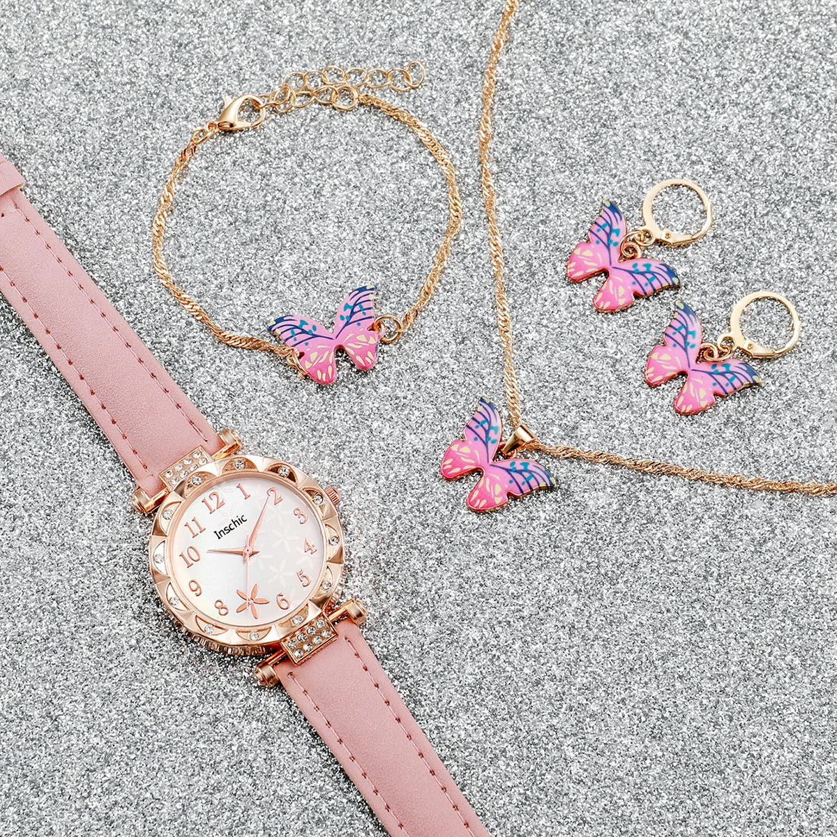 6PCS Fashion Butterfly Women Watches Leather Band Ladies Quartz Watch Jewelry Set Relogio Feminino Reloj Mujer（Without Box）