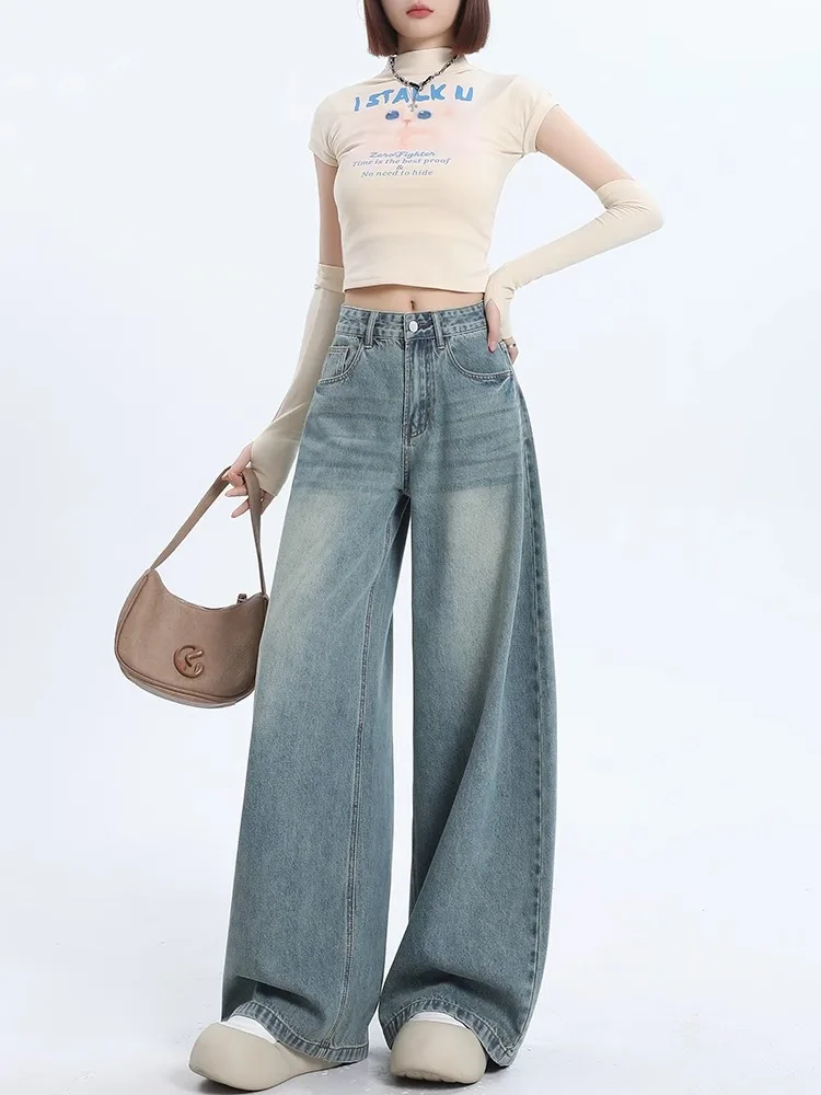 Retro High Waist Wide Leg Blue Jeans Women's Loose Fitting Floor Length Pants Summer Slimming Comfortable Cotton Blend