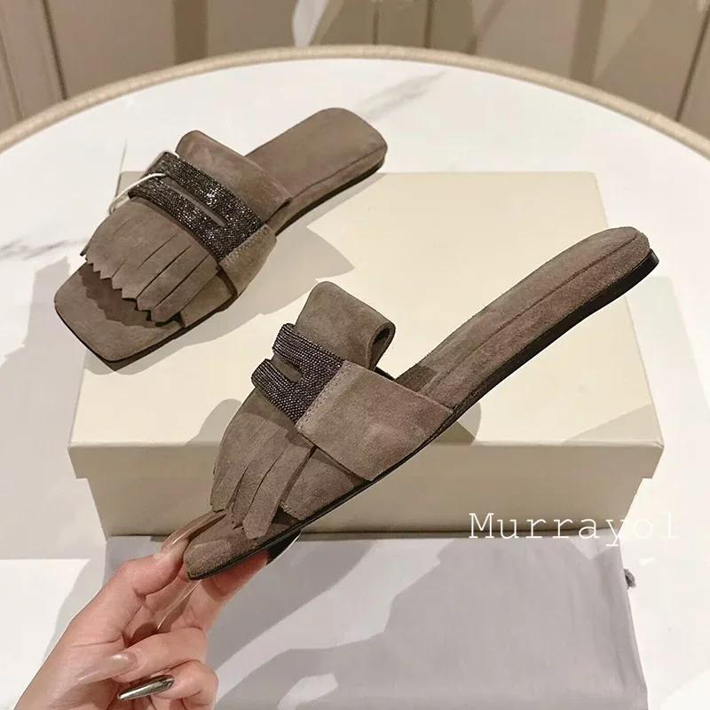 One Strap Tassels Design Flat Bottom Slippers Women Square Toe Cow Suede String Bead Decor Slippers Summer Vacation Shoes