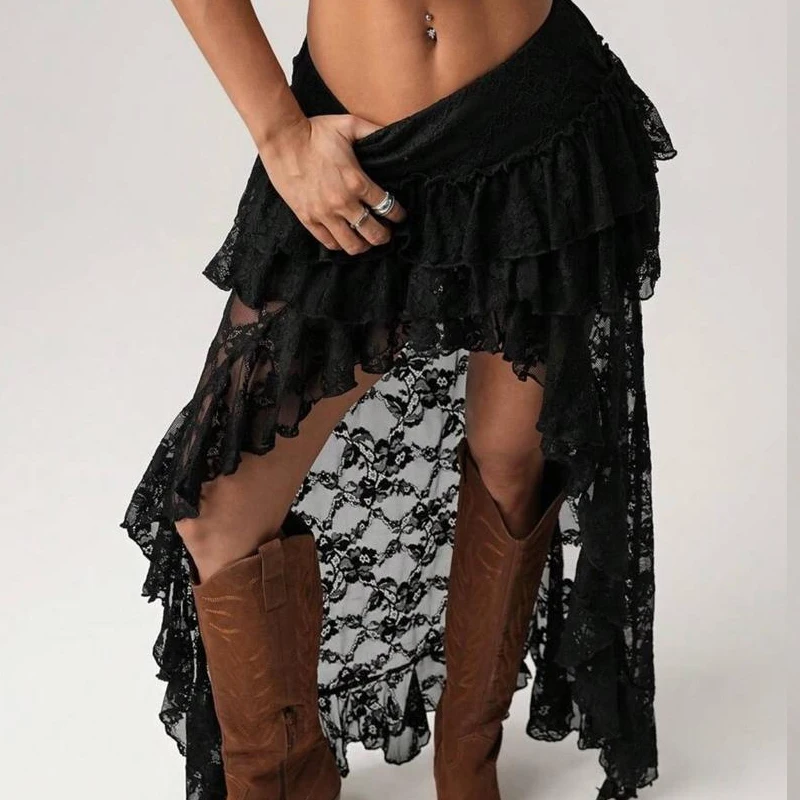 

Summer Sexy Irregular Lace Embroidery Half Skirts Fashion Solid Ruffles Vacation Long Skirts Lady New Casual Hollow Out Skirts