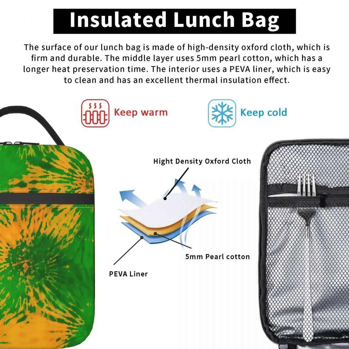 Lunch Bag Tie Dye Träume bequeme Lunchbox für Schüler gelb und grün Schule Kühltasche Kawaii Oxford Thermal Lunch Bags