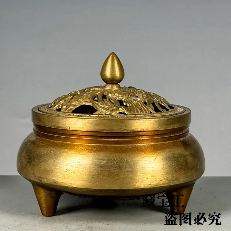 Old Collection Ancient Pure Brass Three legged Incense Burner Yellow Bright Xuande Emperor Style Six Character Ming Dynasty