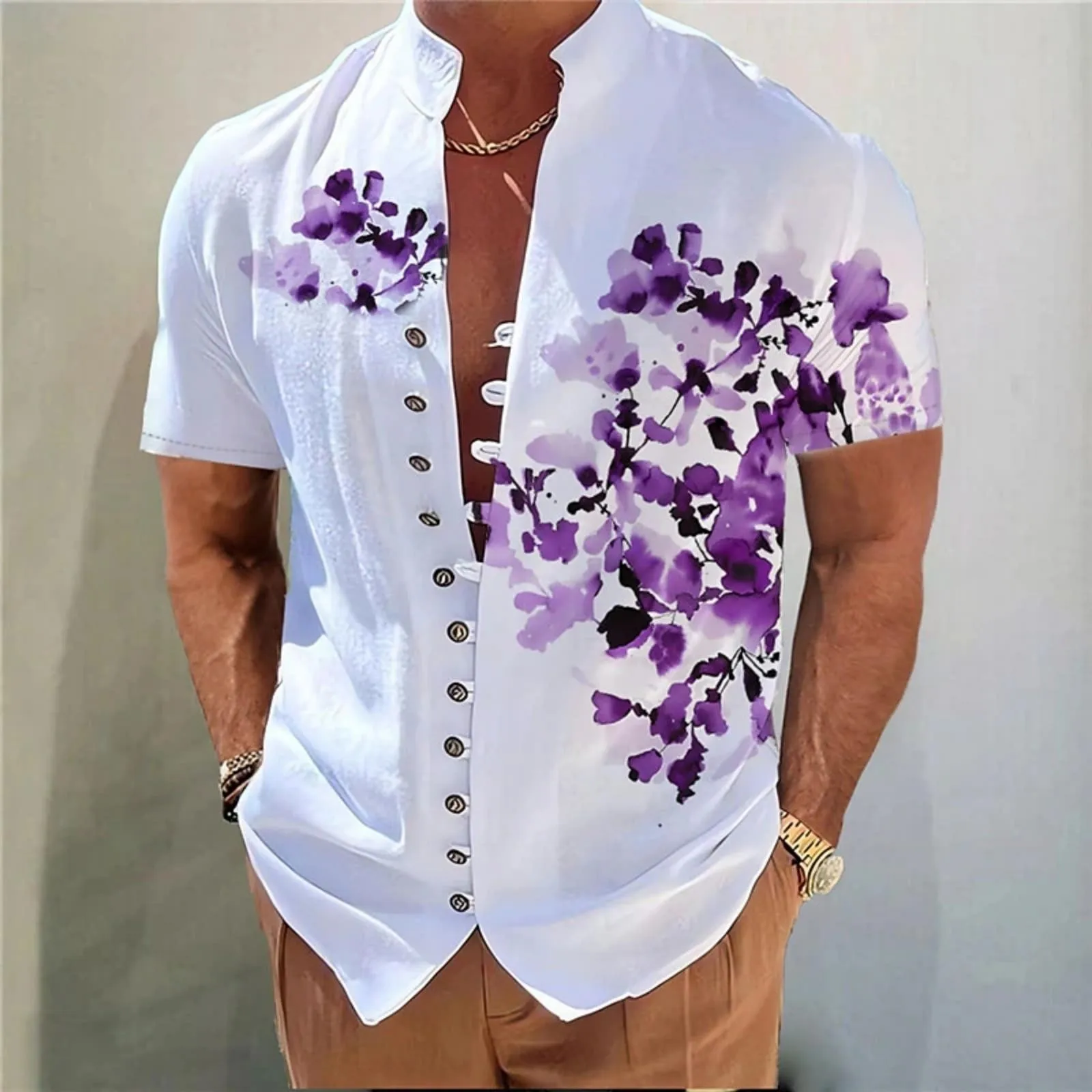 Мужская рубашка с коротким рукавом и 3d цифровой печатью 2025 с пряжкой и лацканами, винтажная мусульманская мужская одежда Y2k, удобная хлопковая брендовая рубашка