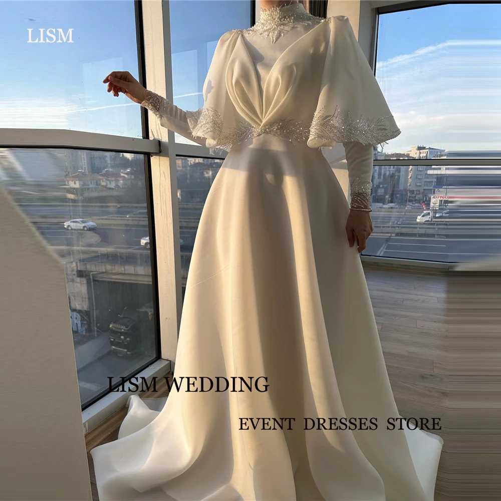 LISM Modeest Ivory Muslim Arabic Women Wedding Dresses Flare Long Sleeves Silk Organza High Neck Applique Bridal Gowns