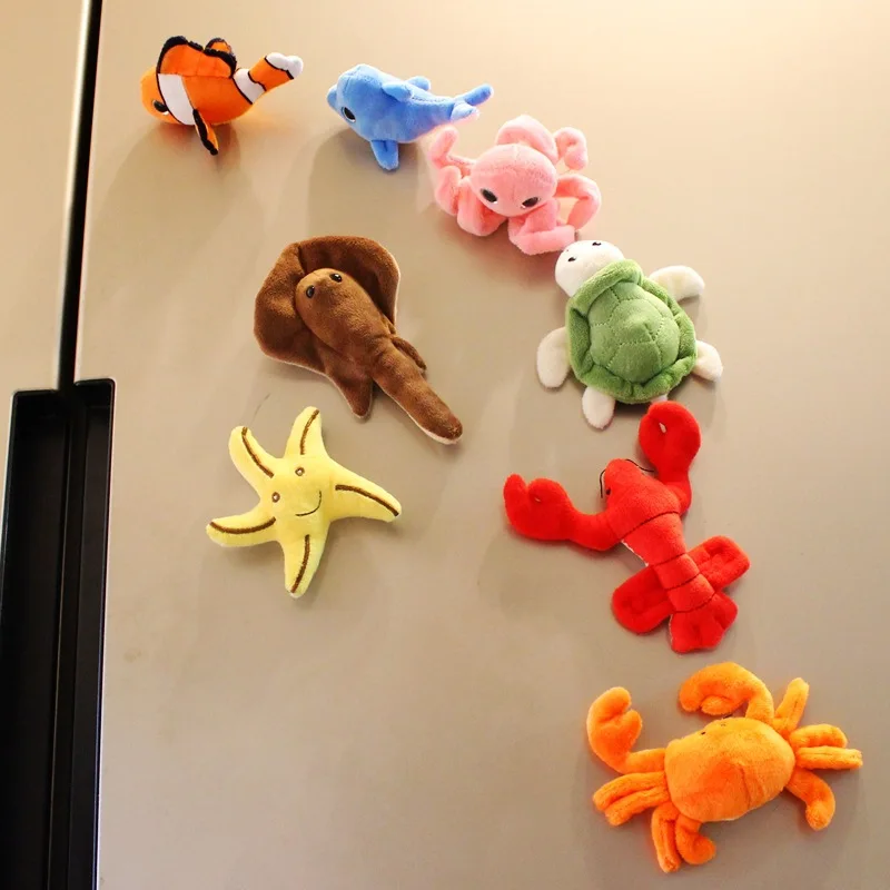 1Pc Cartoon Plush Doll Refrigerator Sticker Ocean Animal Turtle Clown Fish Lobster Dolphin Magnetic Sticker Doll Magnet Doll