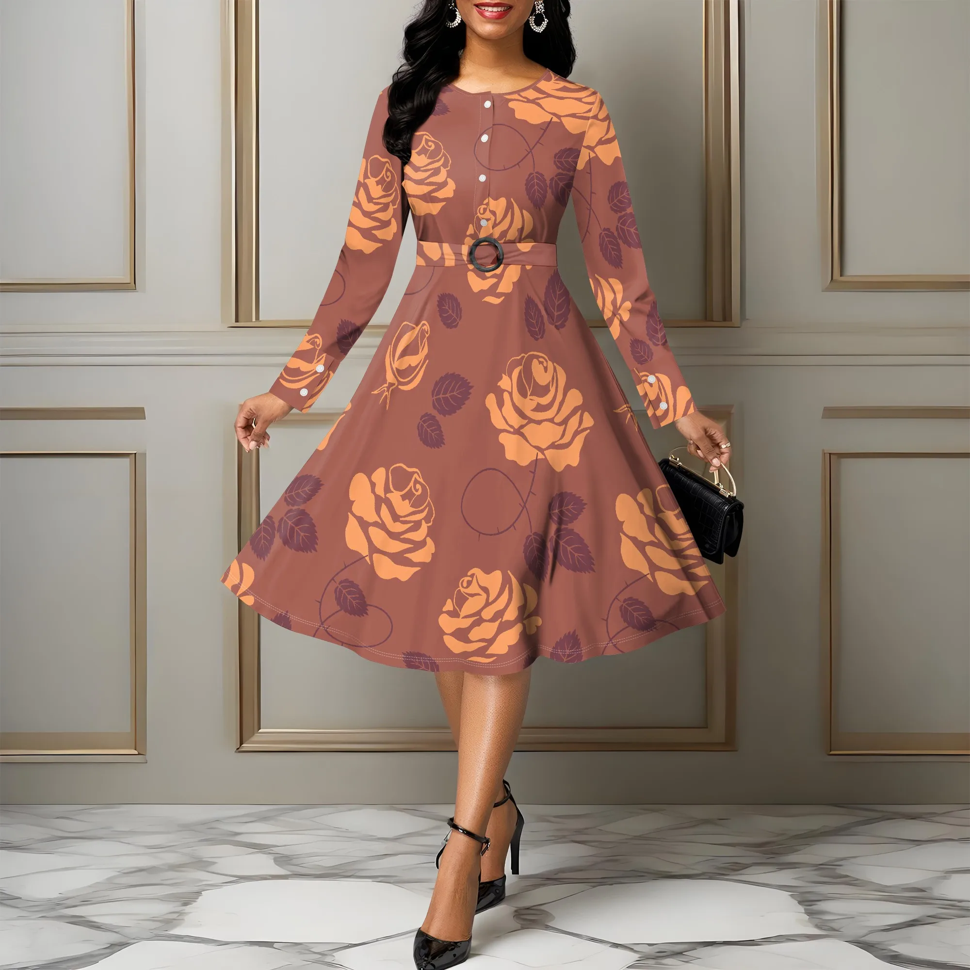 

Women's Summerl Flower Print Fall Fashion Printed Long-sleeved Crew Round Neck Causl Dress Midi dresse With Belt