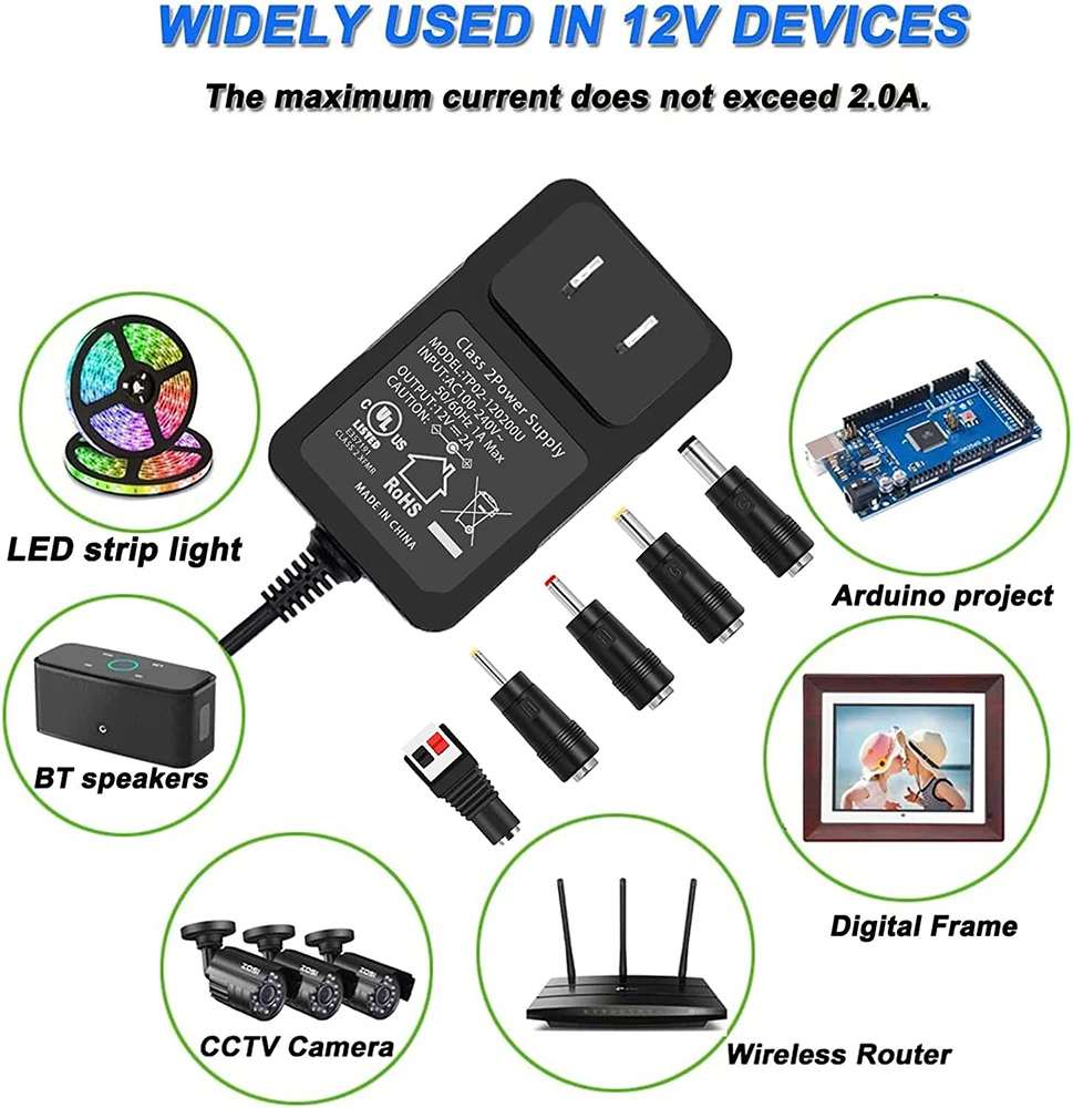 12V 24W AC Adapter Wall Charger, for Christmas Tree LED Strip Light Security CCTV Camera Yamaha Keyboard, with On Off Switch.