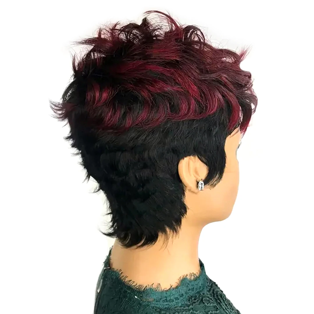 1B99J# Pixie Cut Wig Human Hair For Women Short Pixie Bob Replacement Wigs Short Layered Wave Full Machine Made Wig With Bangs