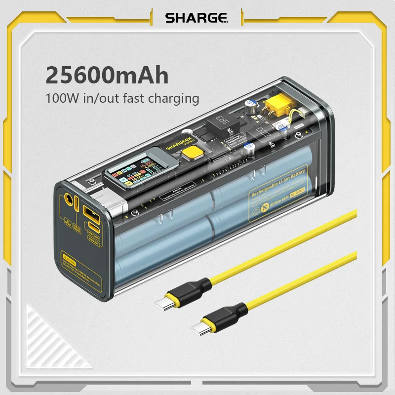 SHARGE-Banque d'alimentation pour ordinateur portable PD100W, 25600mAh, première batterie transparente avec écran IPS DC et 2 ports USB C pour téléphone et tablette