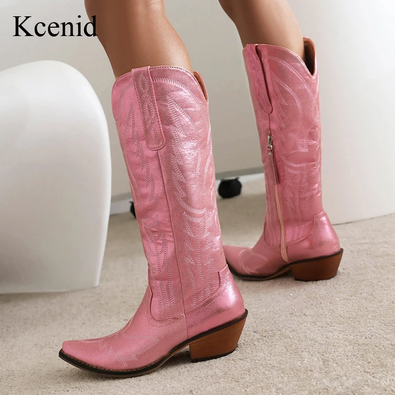 

Kcenid New Retro Knee High Winter Boots Women Chunky Heel Cowboy Cowgirl Boots Women Trendy Stylish Hot Sale Western Shoes Pink