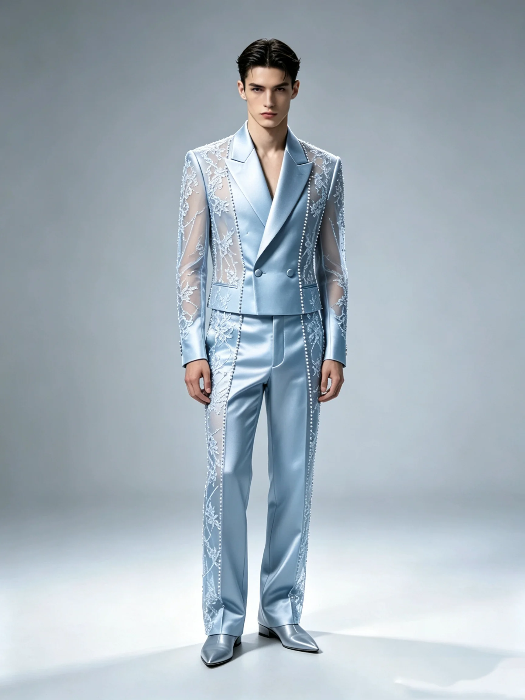 Blue Autumn Men Suit Set 2 Pcs Lace Blazer+Pants Trousers Crystals Customized Formal Office Jacket Wedding Tuxedos Prom Coat