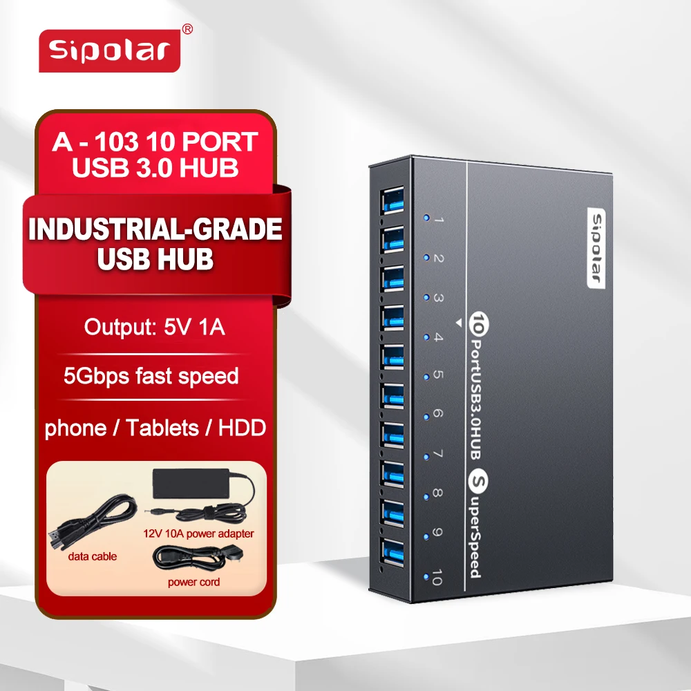 

A103 Sipolar 10 Port Usb Hub Powered 60W Usb 3.0 Data Hub with Power Adapter Refurbished Phones and Laptops