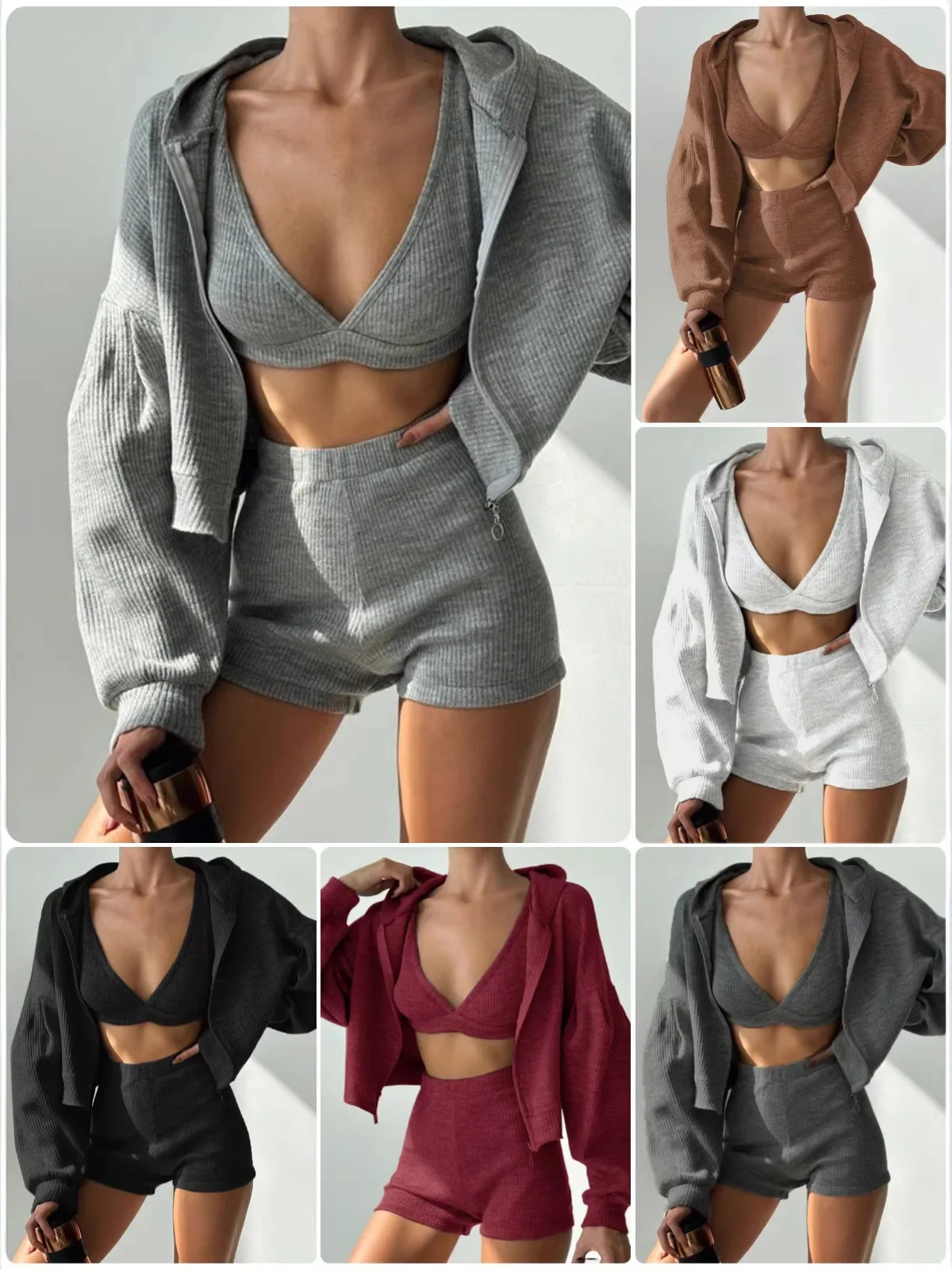 

Удобный короткий повседневный комплект с капюшоном для женщин, три предмета, на молнии, в спортивном стиле, от китайского производителя