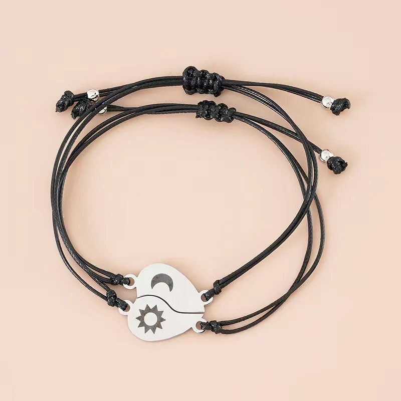 New Heart-shaped Wax Thread Braided Couple Bracelet, Stainless Steel Sun and Moon Style Friendship Bracelet Set