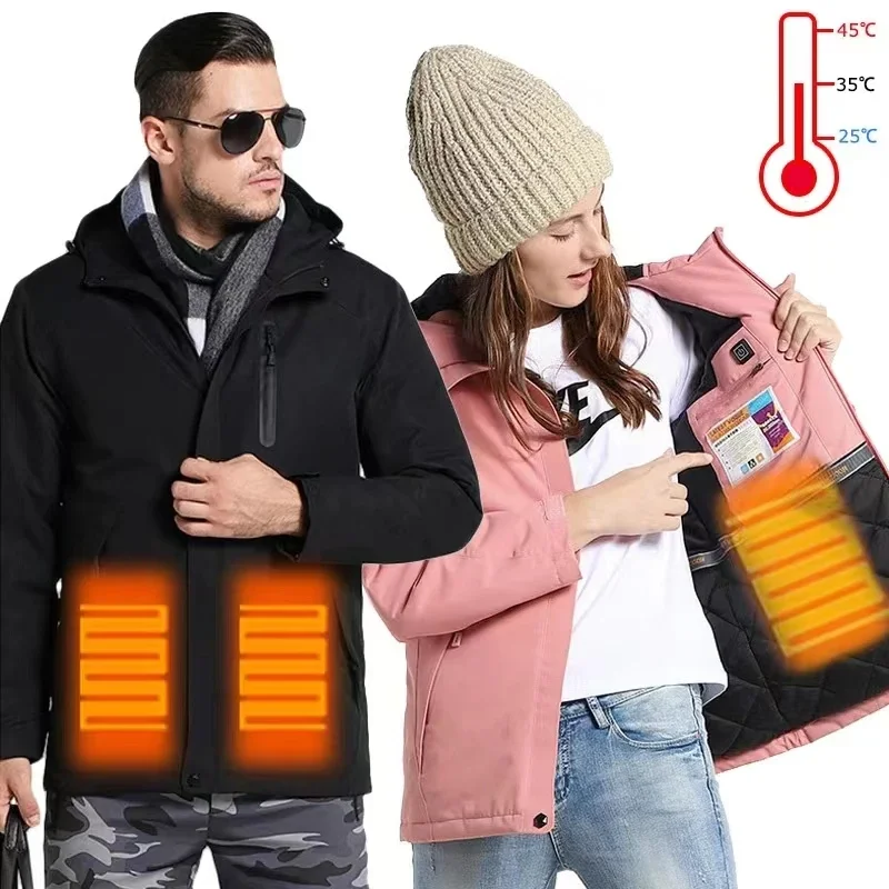 2024 Winter Coat Couples USB Heated Jacket Men Women Waterproof Jacket Down Cotton Hiking Keep Warm Waterproof Heating Jacket