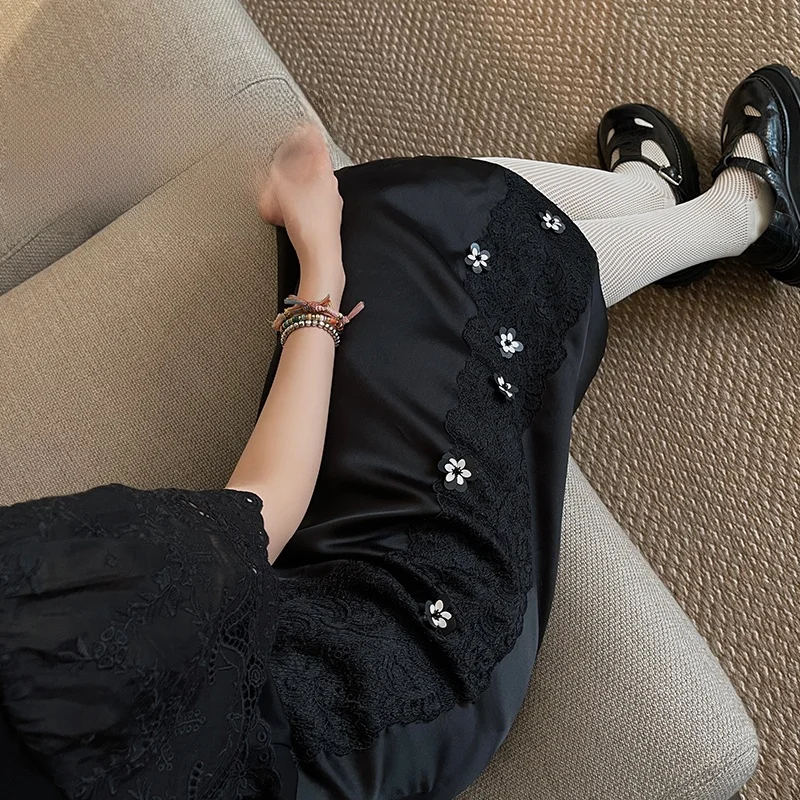 

Vimas High Waist Silk Handmade Beads Small Flower f Skirt Ele Simple Bla White Commute Sle Women's Faion