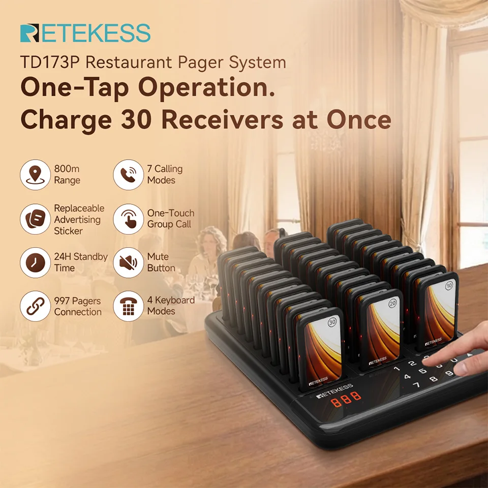 RETEKESS TD173P Pager for Restaurant Wireless Calling System Large Capacity Guest Call Bell Vibrators 800m For Cafe Bar Dining