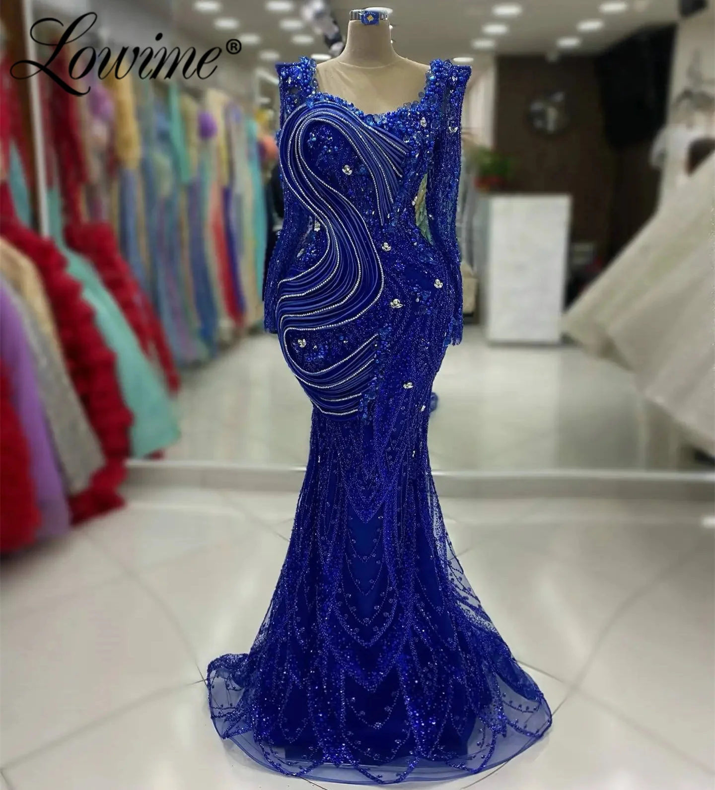 

Charming Royal Blue Long Sleeves Elegant Arabic Evening Gowns Formal Occasion Party Dress Customized Mermaid Arabic Prom Dresses