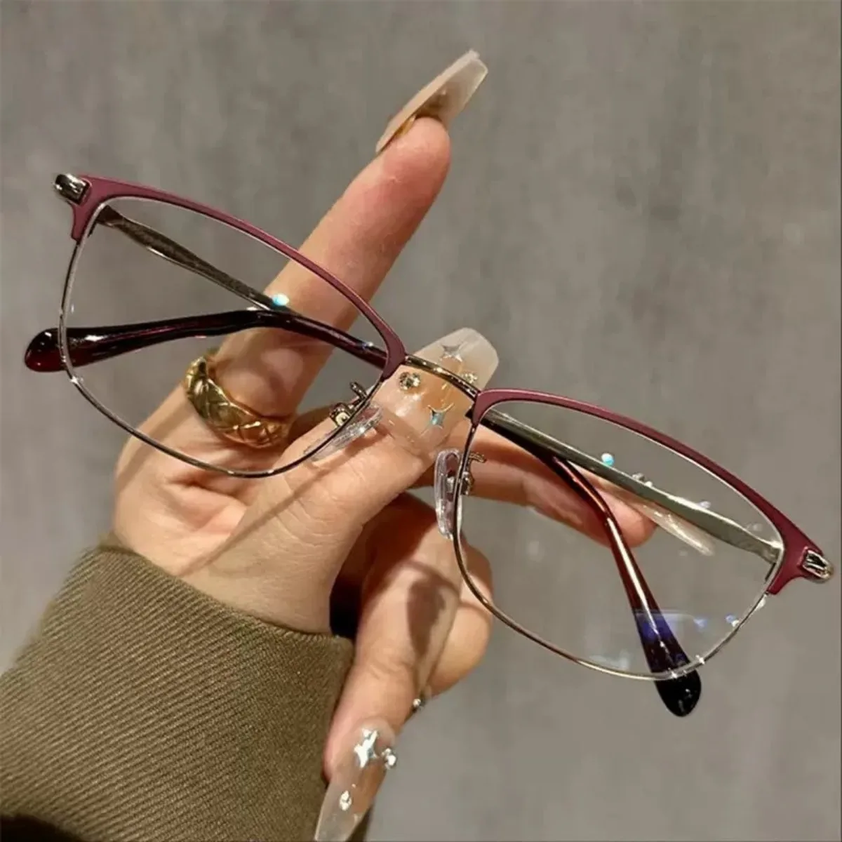 Fashion Browline Cat Eye Glasses for Women Half Rim Metal Optical Frame Anti Blue Light Eyewear