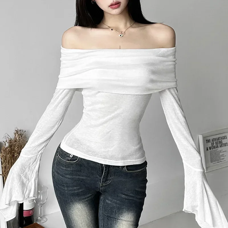 Y2k Aesthetic Simple Fashion Women's Tee Shirts Slash Neck Long Sleeve Solid Casual T-Shirts Vintage Off Shoulder Trendy Tshirts