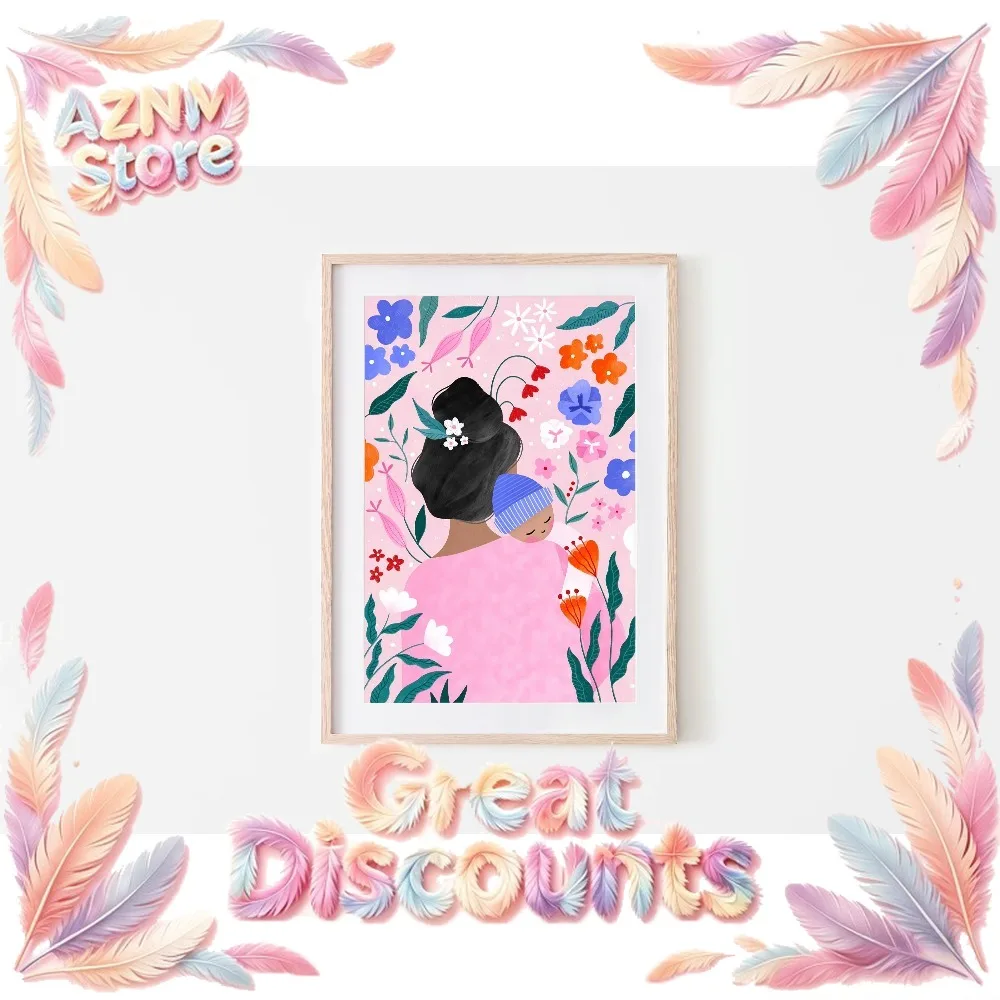 Motherhood Art Print Canvas Painting Young Mum Poster Maternal Love Floral Illustration Nursery Kids Room Decoration 2026