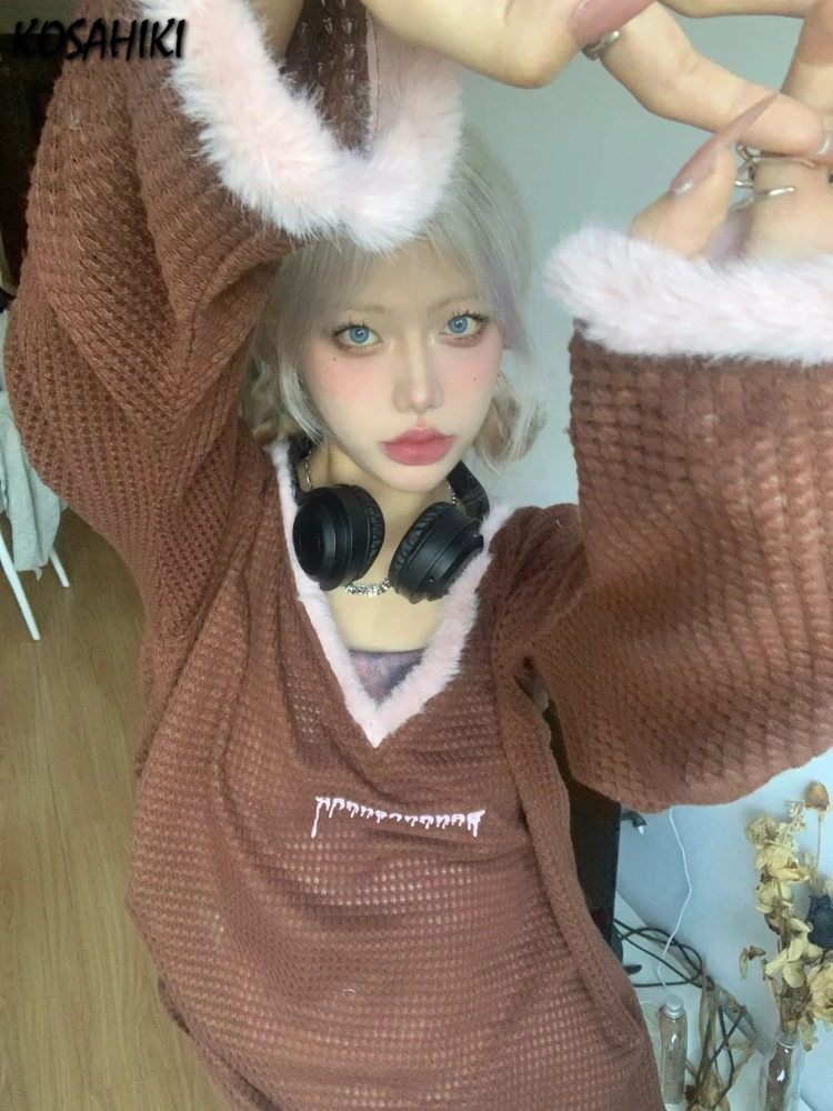 KOSAHIKI Loose Hollow Out Knitted Sweater Women Fur Patchwork V-neck Pullover Y2k Aesthetic Fairy Grunge Thin Jumper All Match