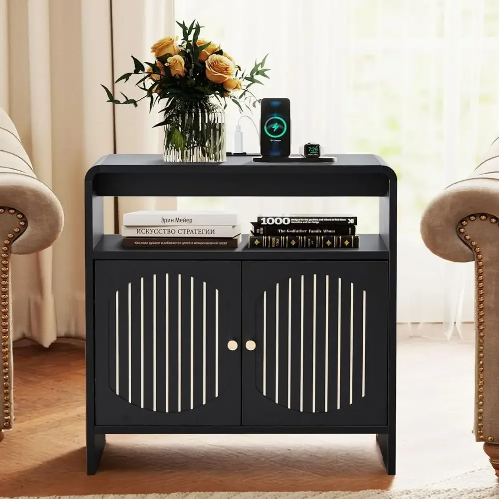 

24 Modern Side Table with Charging Station, Storage & Arched Door, Wooden Nightstand with USB/Type-C Ports, Curved Table for Liv