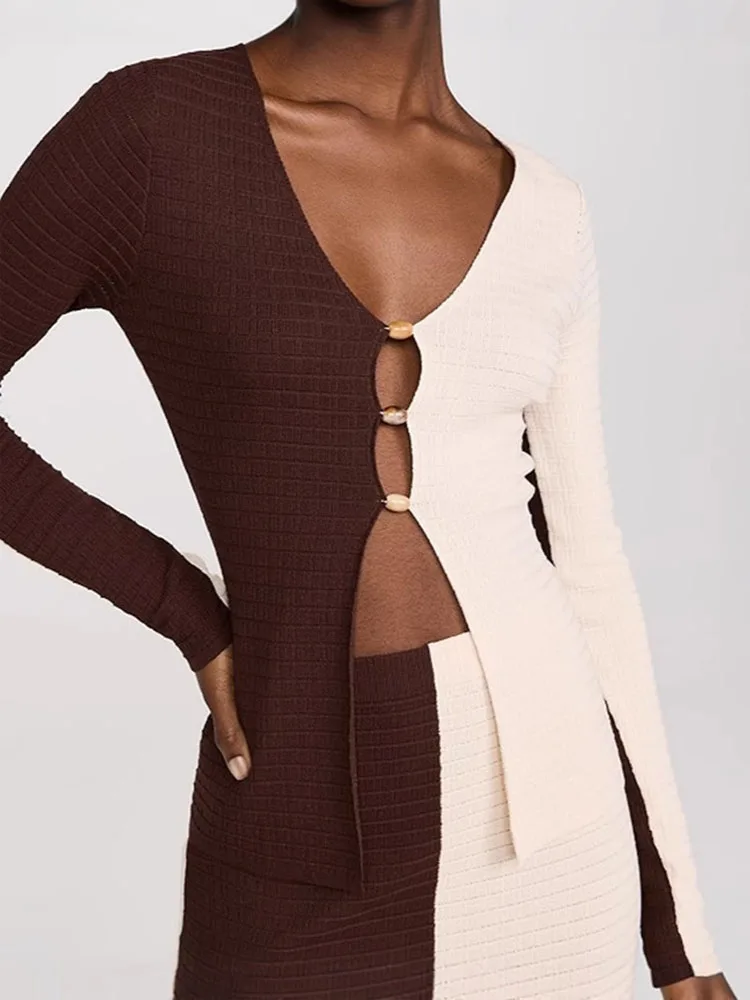 Elegant V-neck Long Sleeve Blouse with Skirt Set Women Fashion Color Clashing Slim 2 Piece Outfits Sexy Hollow Long Skirt Suits