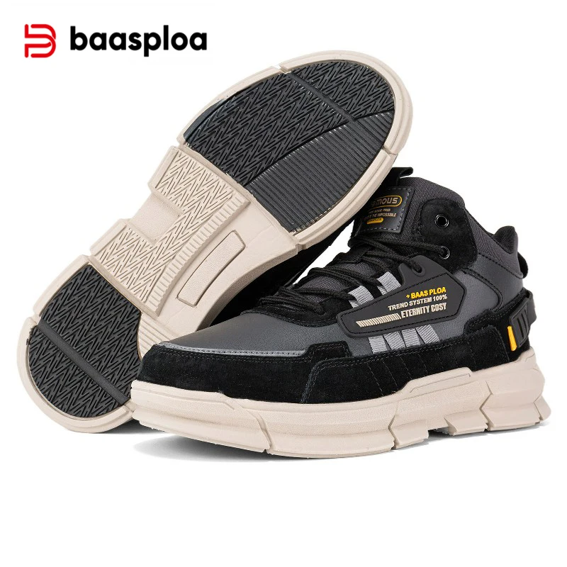 Baasploa New Hiking Shoes Men Winter Warm Waterproof Leather Plush Sneakers Male Casual Non-slip Wear-resistant Walking Shoes