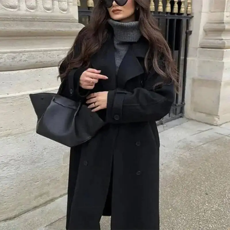 新しいソリッドターンダウンカラーウールコート女性のためのエレガントなダブルブレストポケットオーバーコート秋ストリートレディシックロングジャケット