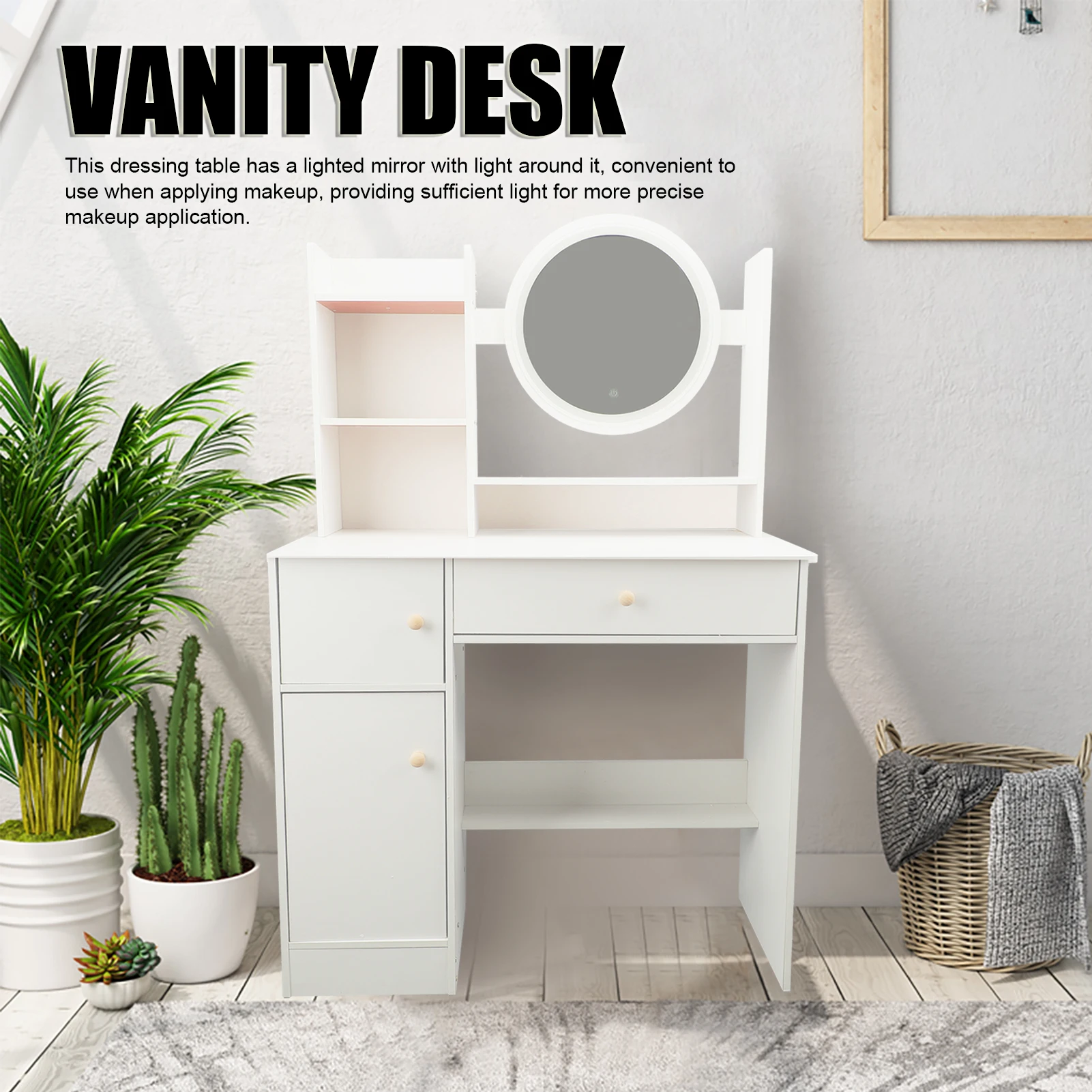 Makeup Table White Practical Multiple Shelves Makeup Vanity Desk Multifunction 2 Drawers Stable with Mirror and Lights for Home image 2