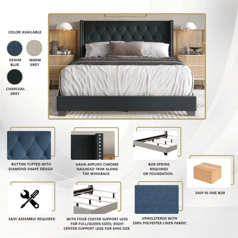 Nailhead Trim Wingback Linen solutions.com, bleu, complet