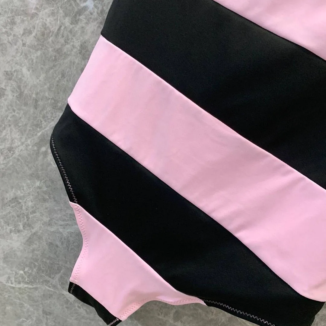 2024 New Fashion Summer Straps Sleeveless Backless Bodysuits Women Pink & Black Wide Stripes Contrast Sexy Slim Fit Playsuits