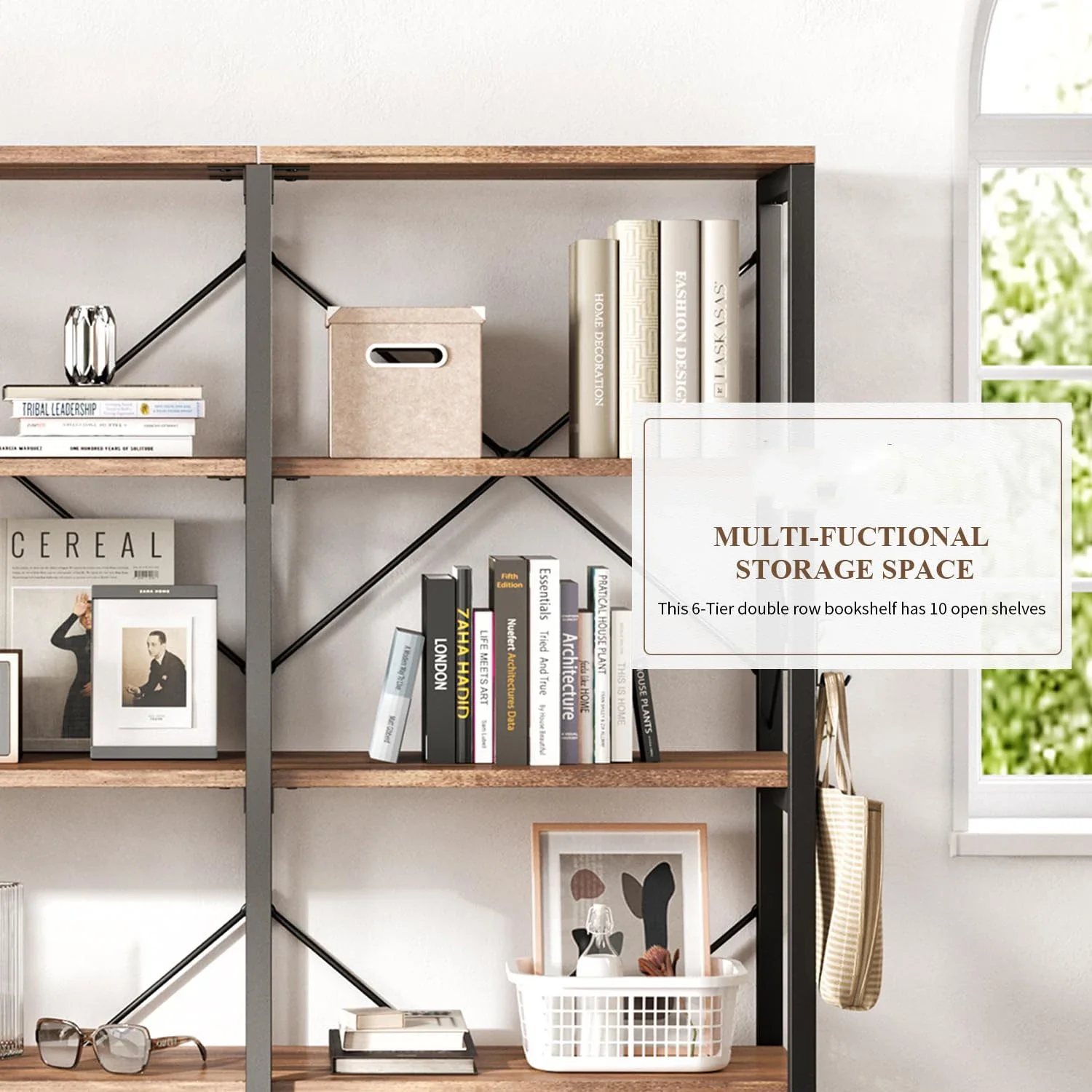 Double Wide 5-Tier Bookcase, Industrial Bookshelf with Metal Frame, Open Large Book Shelf, Wood and Tall Display Shelves