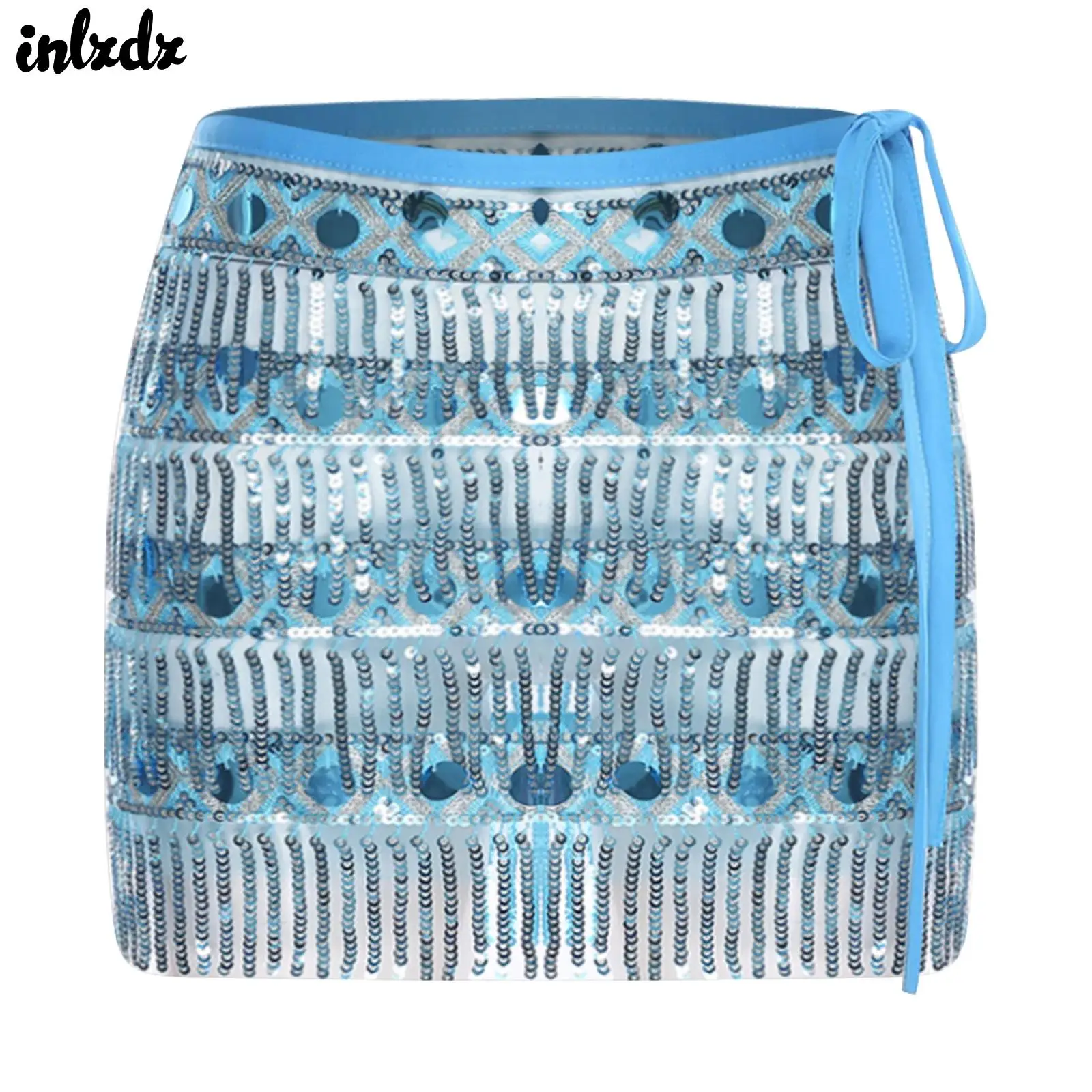 

Женский блестящий индийский живот с блестками, костюм для латинских танцев, цепочка на бедрах, с кисточками, прозрачная сетка, на шнуровке, хип-шарф, юбка с запахом