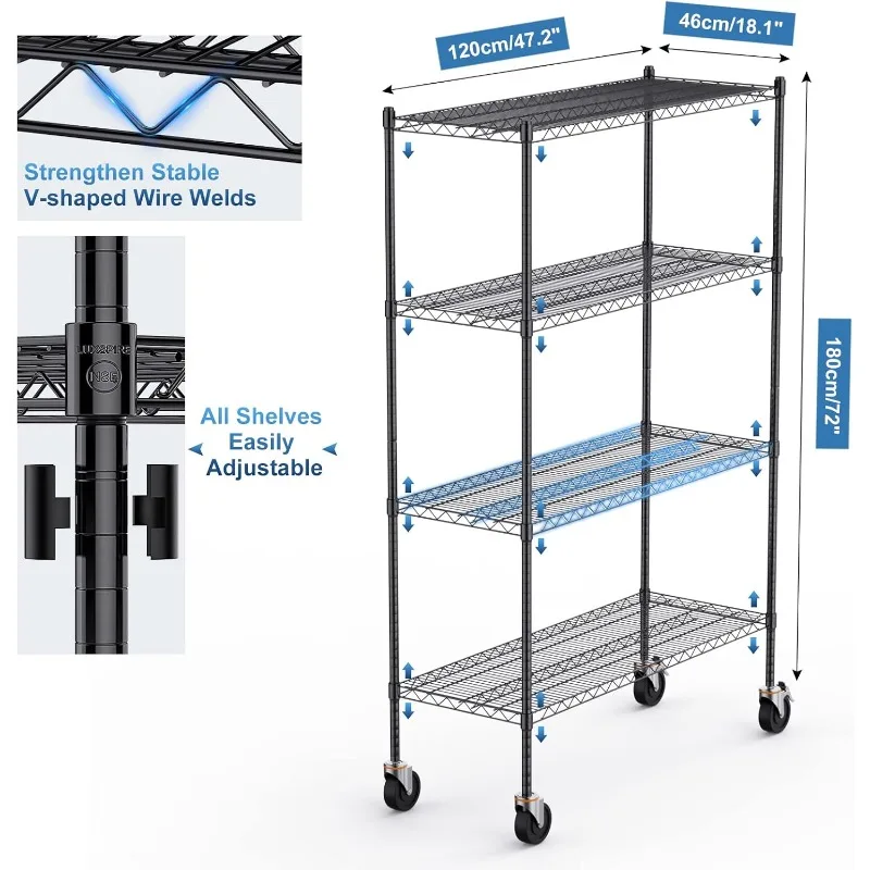 Wire Shelving Unit with Wheels, 2400LB Heavy Duty NSF Commercial-Grade Adjustable Storage Shelves,4-Tier 48x18x72 in