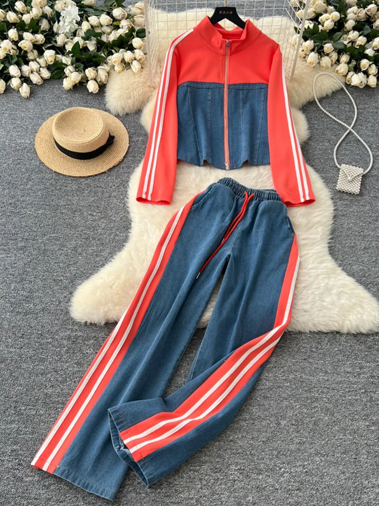 New Spring Women Fashion Casual denim Striped Straight Leg Pants Loose Long Sleeves Zipper Stand Collar Jackets Outerwear 2025