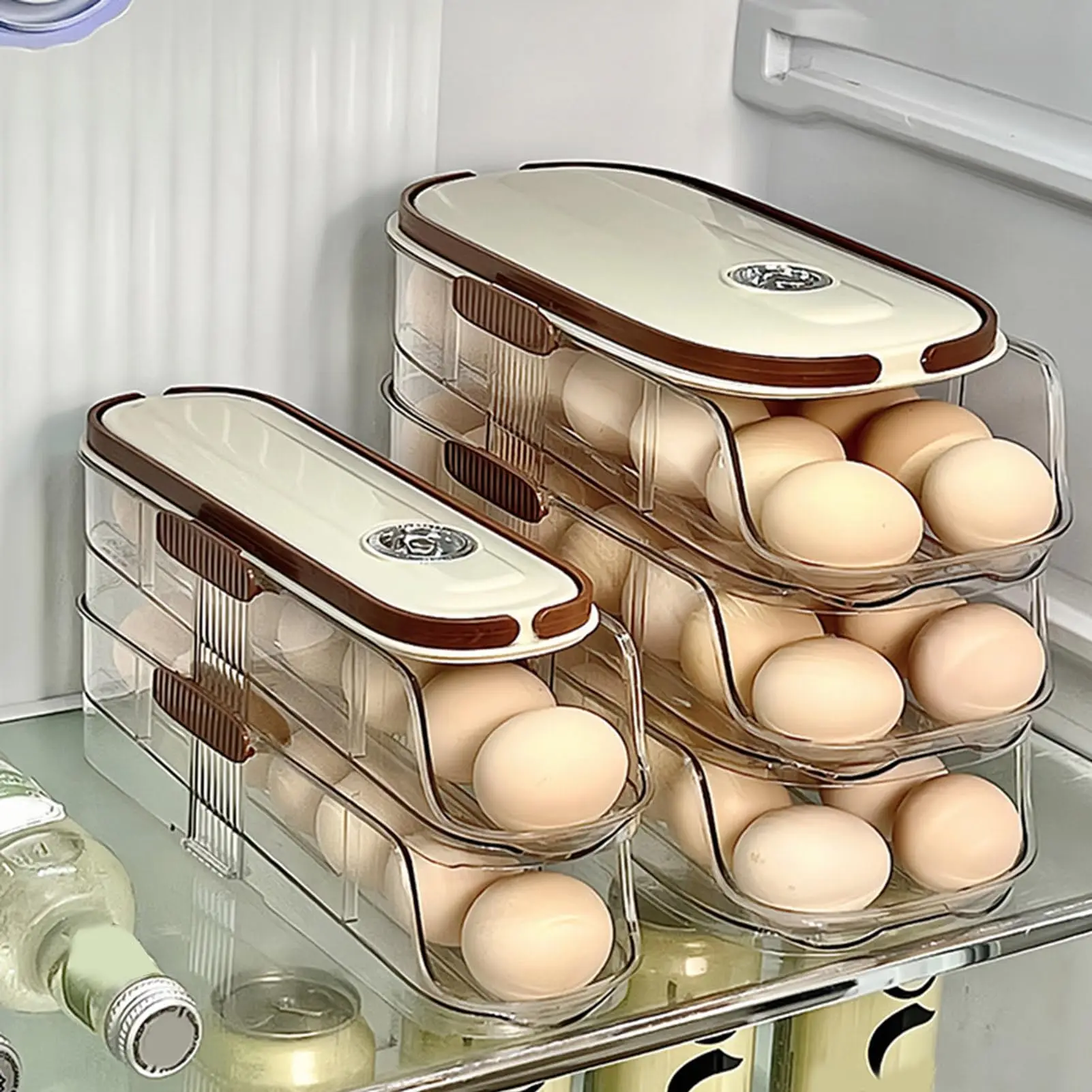 Egg Holder for Refrigerator Automatic Rolling, Storage Box Transparent Stackable Fridge Organizer with Lid For Kitchen