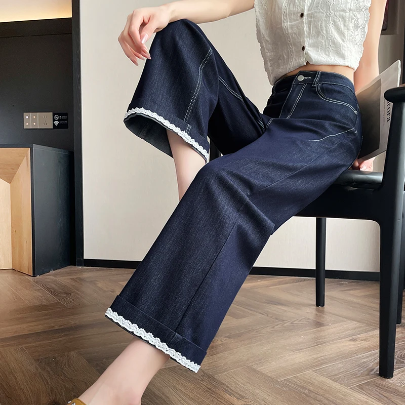 

Ladies Loose Lace Thin Wide Leg Jeans Spring Summer 2026 New High Waist Loose Slim Straight Tube Pants Women's Fashion Denim