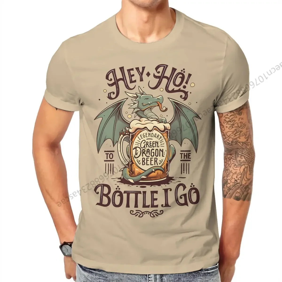 

Green Dragon Beer Hey Ho Bottle I Go Graphic Cotton T Shirt Casual Men's Tee