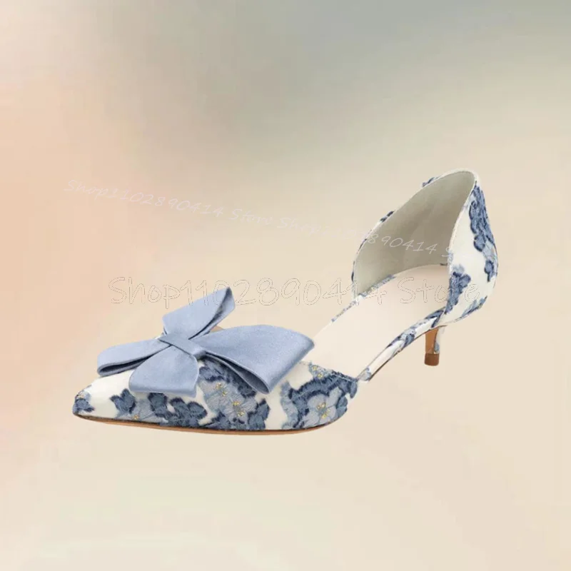 

Sky Blue Bow Knot Floral Embroidery Design Pumps Slip On Women Shoes Thin High Heels Pointed Toe Novel 2024 Zapatos Para Mujere