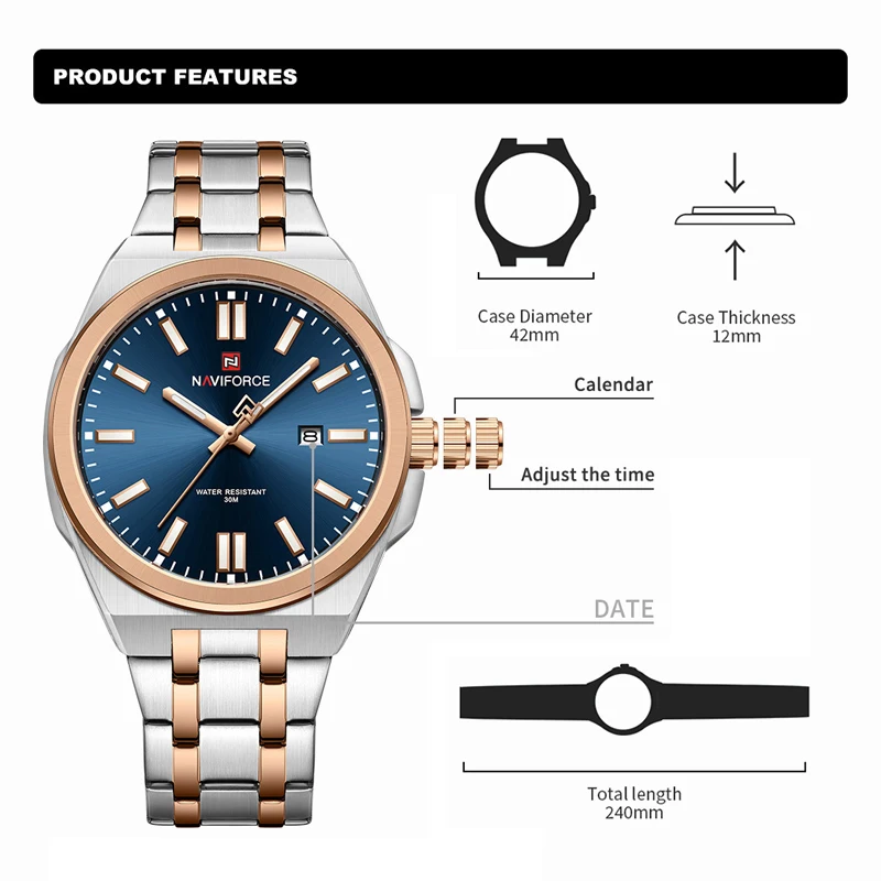 NAVIFORCE Men Luxury Brand Watch Business Waterproof Quartz Man Wristwatch Stainless Steel Strap Date Display Fashion Male Clock