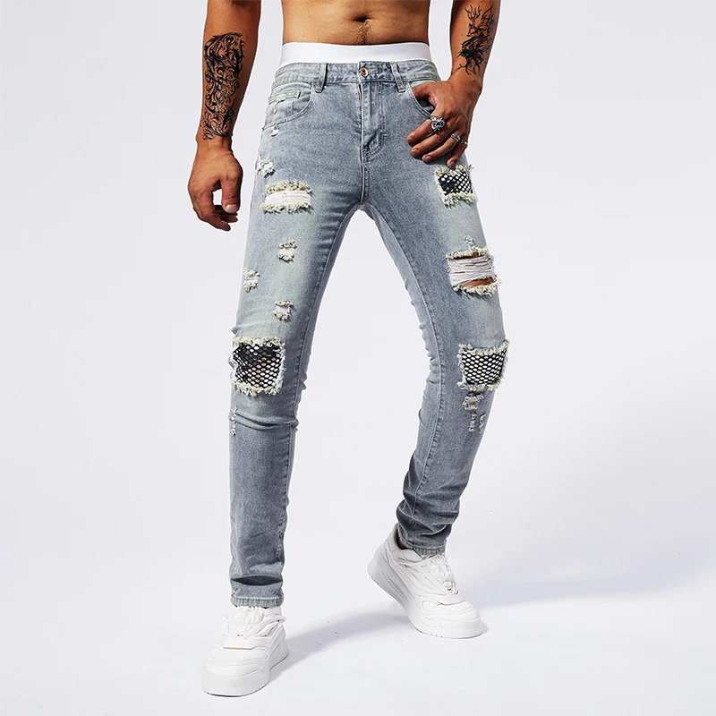 

Elastic Four-season Splicing Cotton Elastic Embroidery Ripped Print Fashionable Men's Clothing European and American Jeans