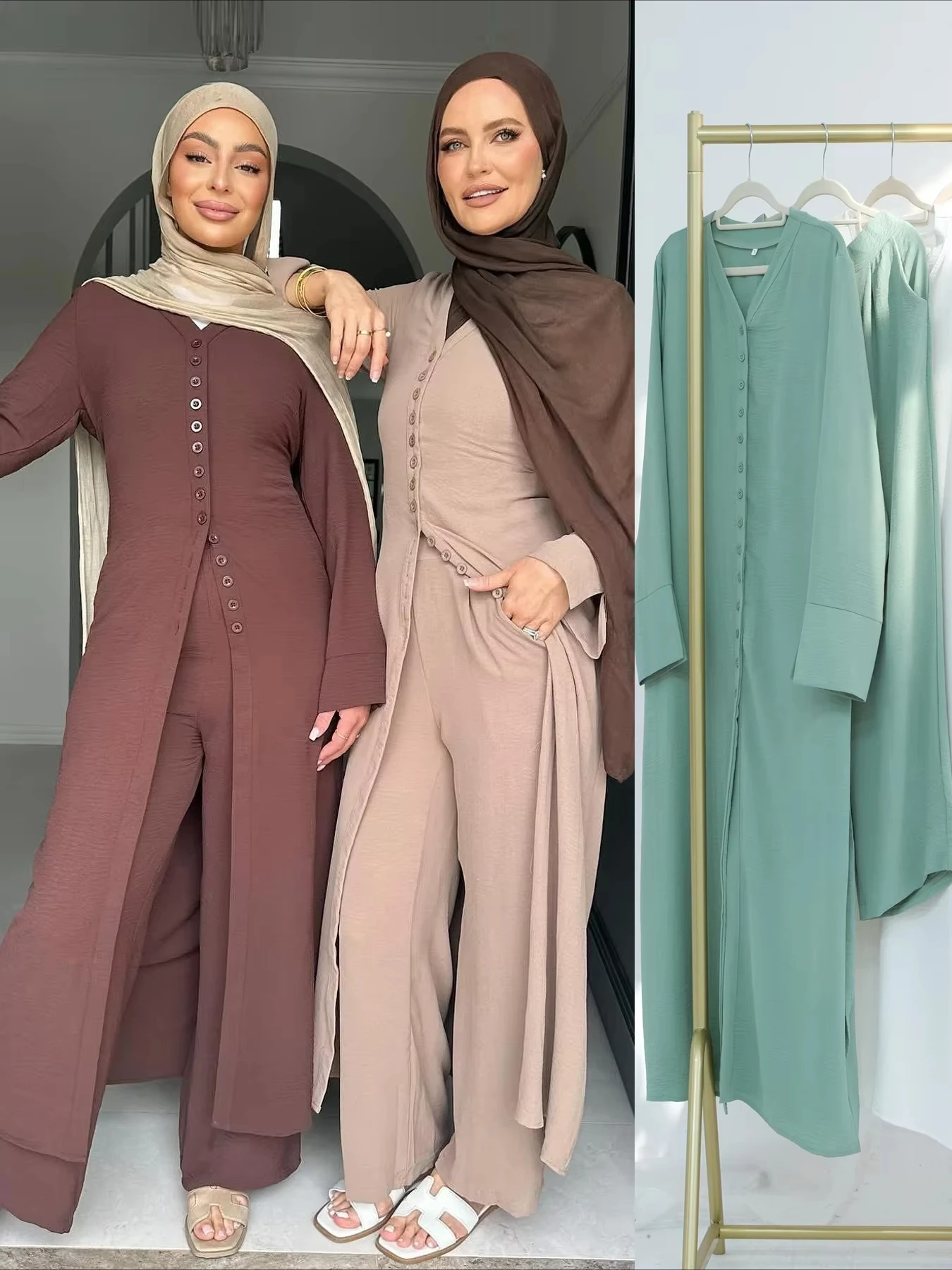 

Eid Muslim Women 2 Piece Sets Long Cardigan Coat Wide Leg Pants Single Breasted Outfits Ramadan Morocco Dubai Islam Ensemble