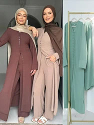 Eid Muslim Women 2 Piece Sets Long Cardigan Coat Wide Leg Pants Single Breasted Outfits Ramadan Morocco Dubai Islam Ensemble