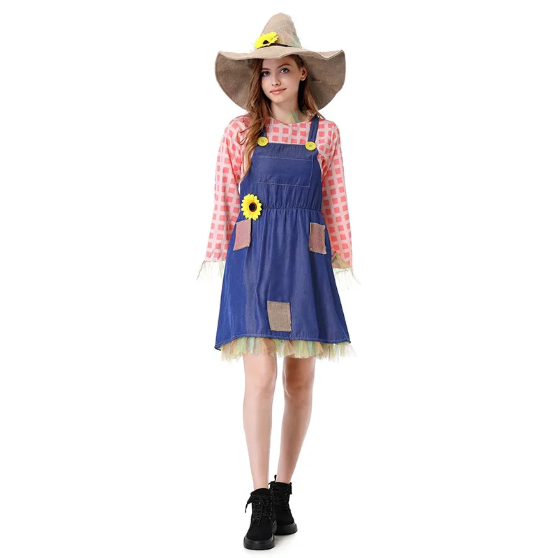 Scarecrow Costume for Girls and Women Family Cos Plaid Suspenders Dress and Hat Wizard of Oz Scarecrow