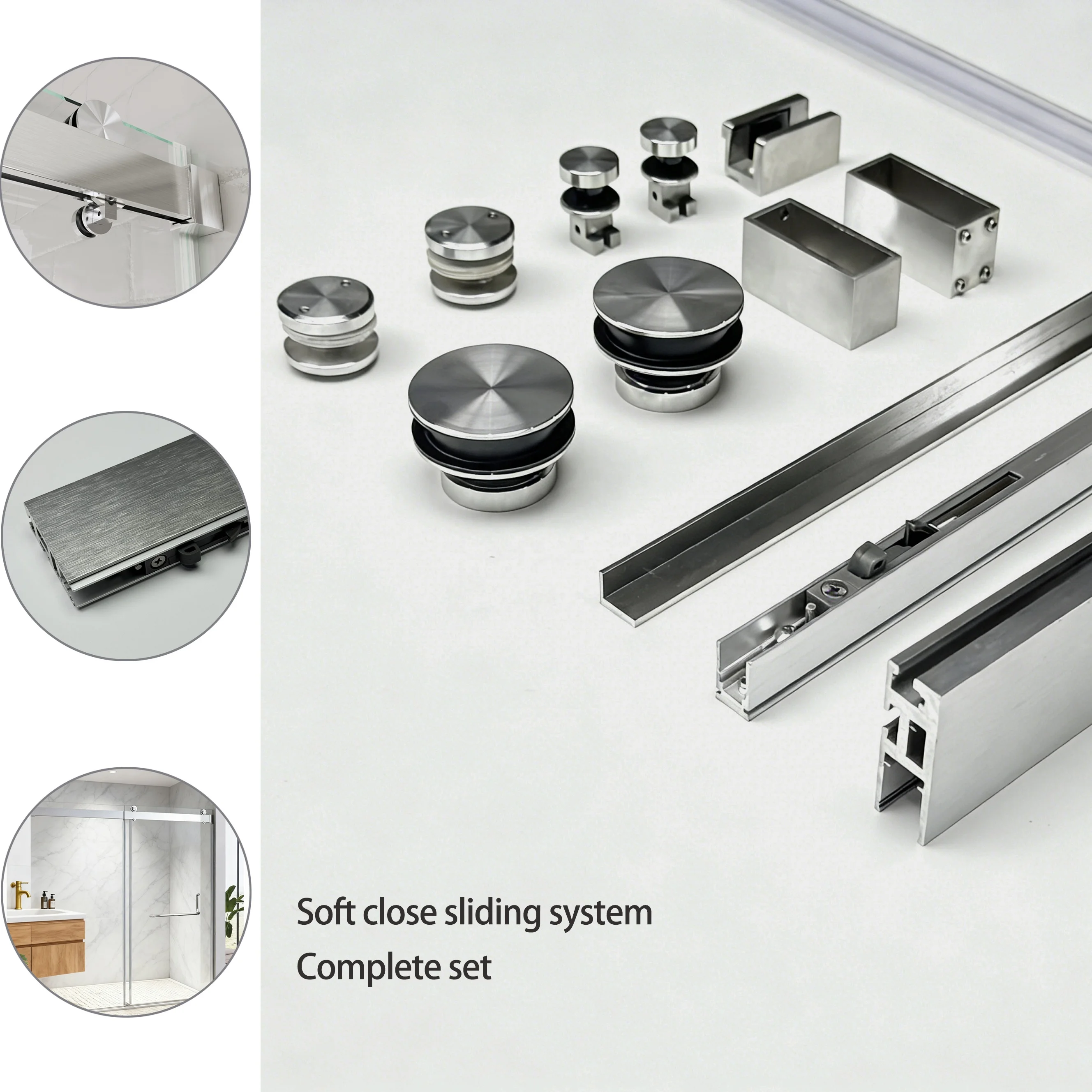 Mute Aluminum Sliding Door Kit for Shower Room Without Handle Full Set Shower Door Hardware Kits